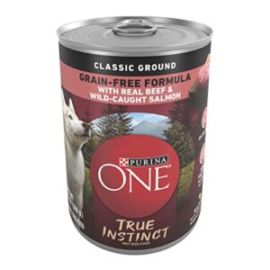 purina one wet dog food true instinct classic ground grain-free formula with real beef and wild caught salmon high protein wet dog food - (pack of 12) 13 oz. cans