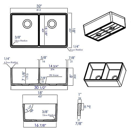 ALFI brand AB512UM-W White Double Bowl Fireclay Undermount Kitchen Sink, 32"