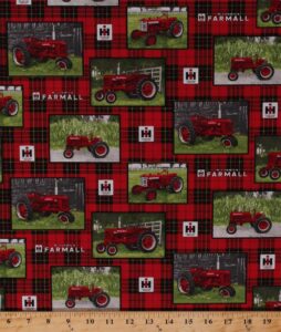 cotton mccormick farmall tractors logo farming farm country fences farmer on plaid red black cotton fabric print by the yard (d688.45)