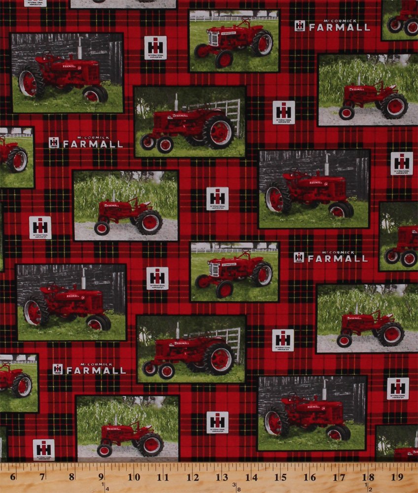 Cotton McCormick Farmall Tractors Logo Farming Farm Country Fences Farmer on Plaid Red Black Cotton Fabric Print by The Yard (D688.45)