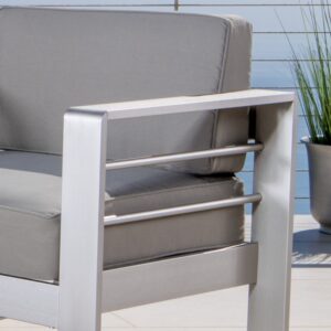 Patio Furniture ~ 5 Piece Light Gray Outdoor Patio Chair and Sofa Set with Propane (Gas) Fire Table (Pit) and Khaki Cushions