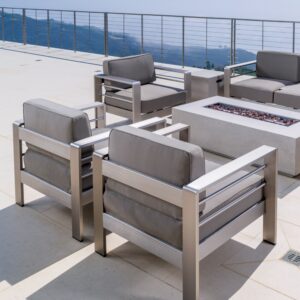 Patio Furniture ~ 5 Piece Light Gray Outdoor Patio Chair and Sofa Set with Propane (Gas) Fire Table (Pit) and Khaki Cushions