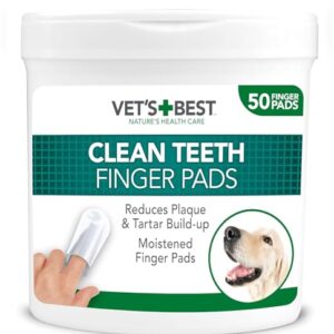 Vets Best Dental Care Finger Wipes | Reduces Plaque & Freshens Breath | Teeth Cleaning Finger Wipes for Dogs & Cats | 50 Disposable Wipes