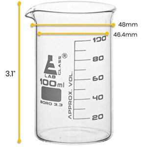 EISCO Beaker, 100ml - Tall Form with Spout - White, 10ml Graduations - Borosilicate 3.3 Glass