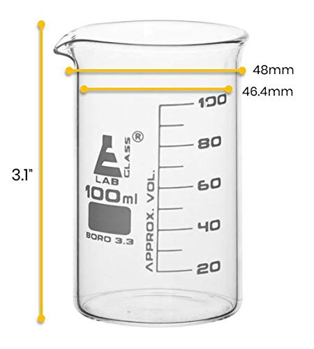 EISCO Beaker, 100ml - Tall Form with Spout - White, 10ml Graduations - Borosilicate 3.3 Glass