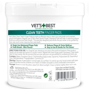 Vets Best Dental Care Finger Wipes | Reduces Plaque & Freshens Breath | Teeth Cleaning Finger Wipes for Dogs & Cats | 50 Disposable Wipes