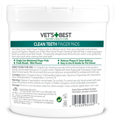 Vets Best Dental Care Finger Wipes | Reduces Plaque & Freshens Breath | Teeth Cleaning Finger Wipes for Dogs & Cats | 50 Disposable Wipes