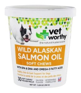 vet worthy salmon oil skin and coat soft chews for dogs - dog supplement to support healthy skin and beautiful coat - fish oil supplement with omega 3 fatty acids - salmon flavor - 30 soft chews