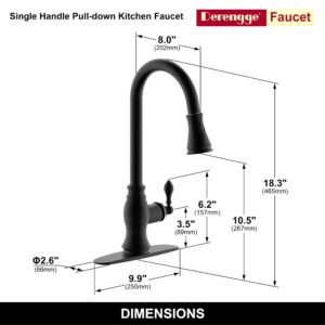 Derengge Kitchen Faucet,Single Handle Pull Down Kitchen Sink Faucet with Deck Plate for Bar,Farmhouse,Camper, Laundry, Rv,1 Hole or 3 Hole Installation,Matte Black Finished,FK-258-MT