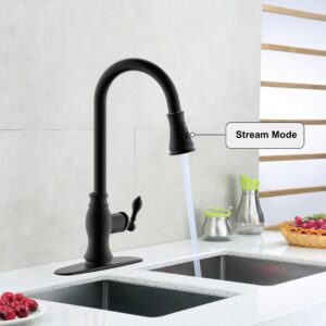 Derengge Kitchen Faucet,Single Handle Pull Down Kitchen Sink Faucet with Deck Plate for Bar,Farmhouse,Camper, Laundry, Rv,1 Hole or 3 Hole Installation,Matte Black Finished,FK-258-MT