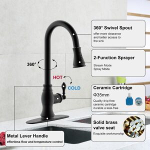 Derengge Kitchen Faucet,Single Handle Pull Down Kitchen Sink Faucet with Deck Plate for Bar,Farmhouse,Camper, Laundry, Rv,1 Hole or 3 Hole Installation,Matte Black Finished,FK-258-MT