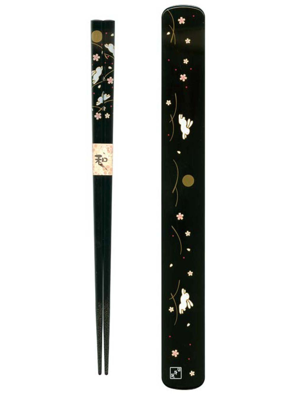 JapanBargain 3685, Japaese Travel Chopsticks with Case Reusable Chinese Korean Bamboo Portable Chop Sticks Utensil Dishwasher Safe Made in Japan, Black Bunny