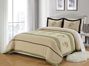 3-piece king size duvet cover set in sage green/beige/brown colors. tropical palm tree embroidered set - luxury, ultra soft and durable