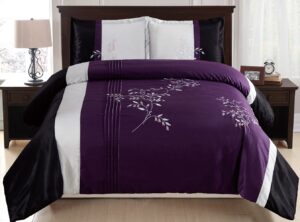 grand linen 3-piece dark purple/pink/black fine embroidered duvet cover set king size - bedding - luxury, ultra soft and durable