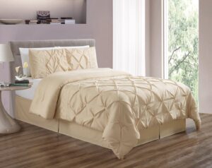 grand linen 3 piece queen size ivory double-needle stitch puckered pinch pleat-embroidered duvet cover set