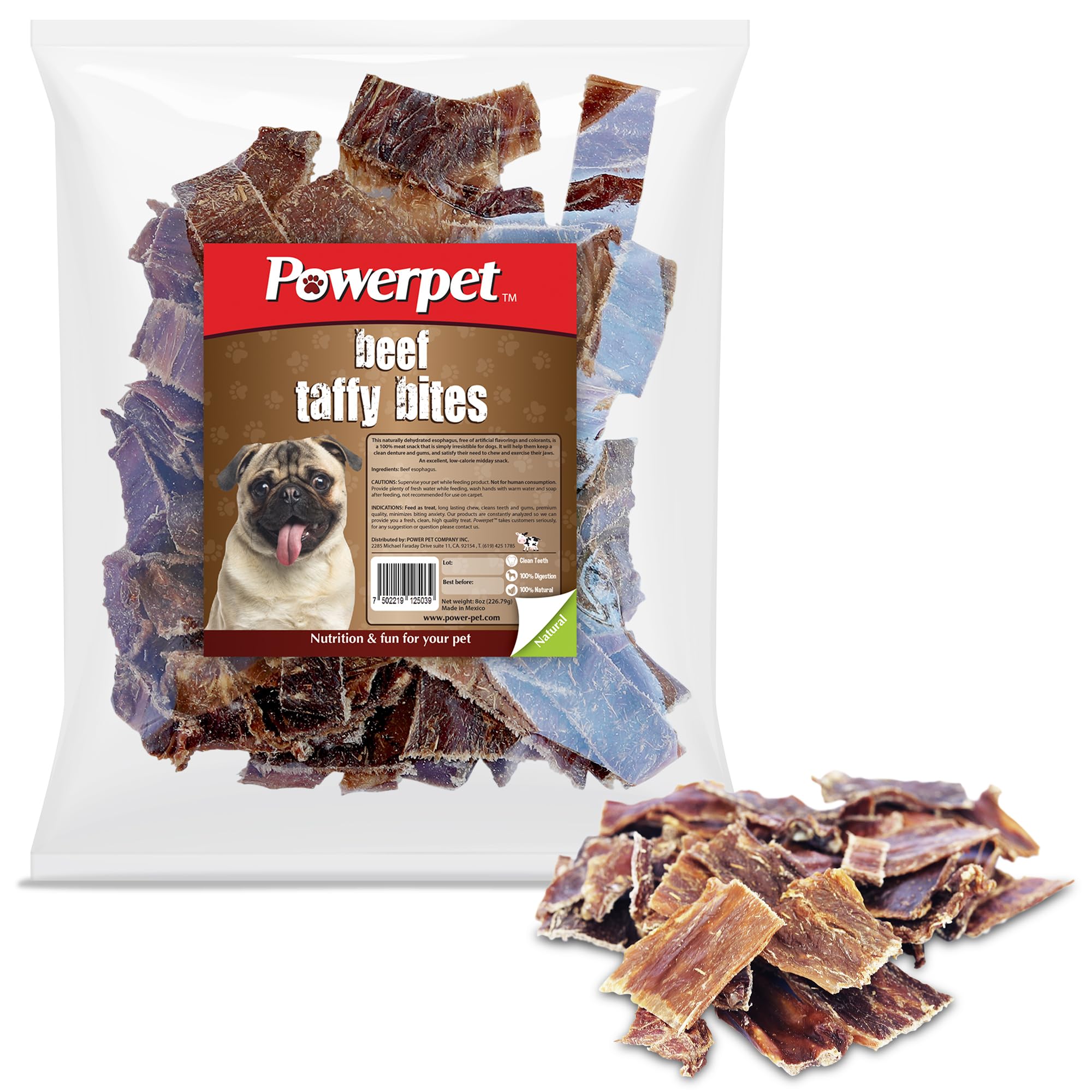 Powerpet Taffy Bites - Low Fat Premium Beef Jerky Treat, 100% Natural Beef Esophagus Dog Chew, Highly Digestible, Clean & Healthy Pet Snack, No Additives, High Protein, Improves Dental Hygiene, 8oz