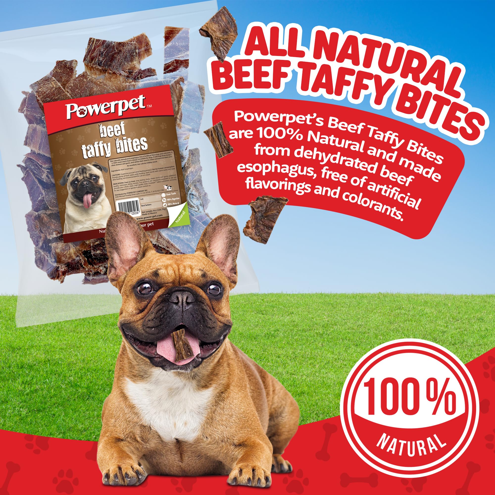 Powerpet Taffy Bites - Low Fat Premium Beef Jerky Treat, 100% Natural Beef Esophagus Dog Chew, Highly Digestible, Clean & Healthy Pet Snack, No Additives, High Protein, Improves Dental Hygiene, 8oz