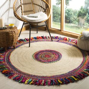 safavieh cape cod collection 6' round ivory/red cap205a handmade boho fringe jute & cotton area rug