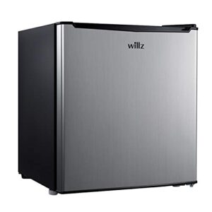 willz wlr17s5 compact refrigerator, 1.7 cu.ft single door fridge, adjustable mechanical thermostat with chiller, 1 coated wire slide-out shelf, 1 power cord, stainless steel look