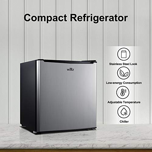 Willz WLR17S5 Compact Refrigerator, 1.7 Cu.Ft Single Door Fridge, Adjustable Mechanical Thermostat with Chiller, 1 Coated Wire Slide-Out Shelf, 1 Power Cord, Stainless Steel Look