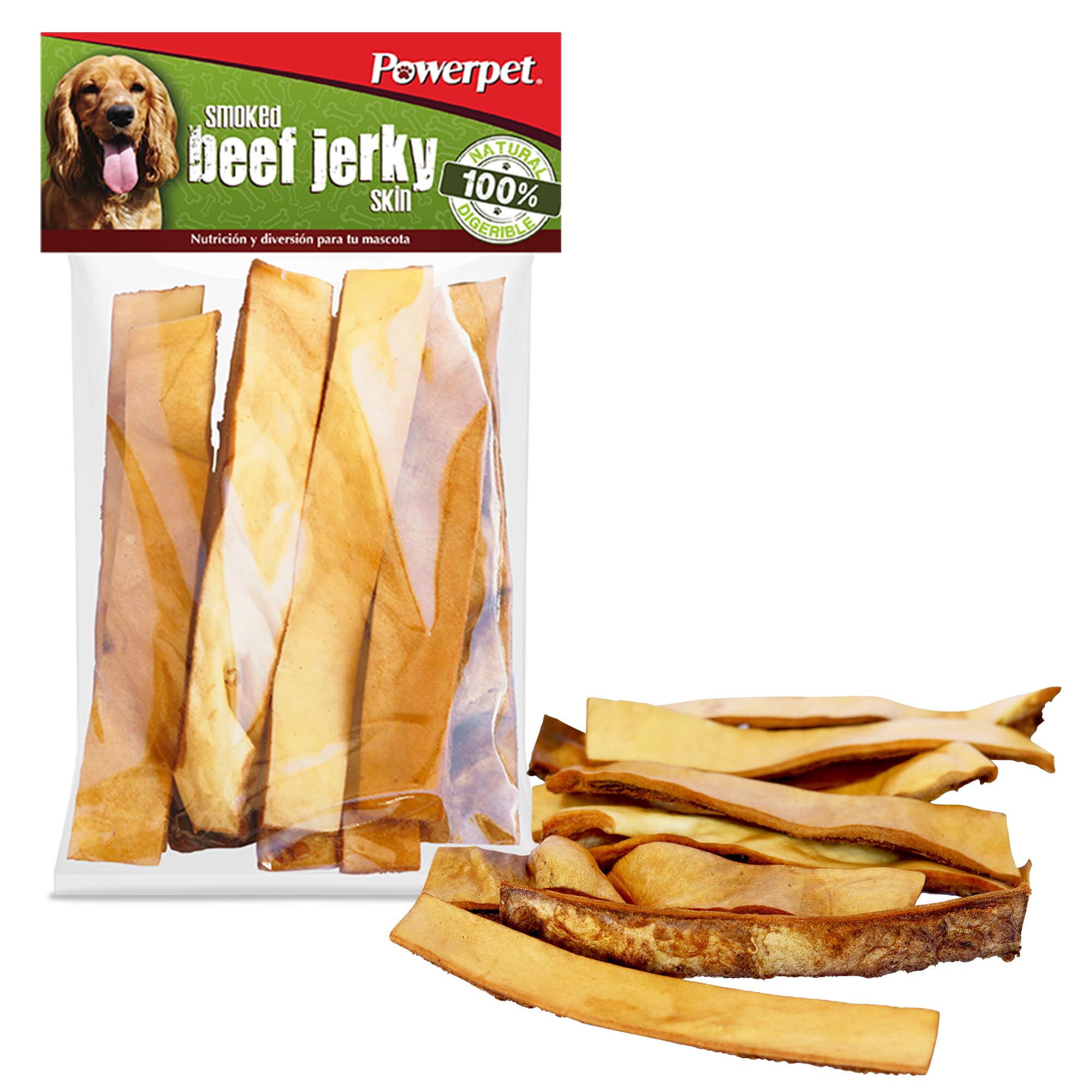 Powerpet Treats Natural Smoked Beef Jerky Skin for Dogs - Premium High Protein, Grain-Free, Rawhide-Free, Long-Lasting Chews, Ideal for All Breeds, Promotes Dental Health - Easy Digestion - 8oz Bag