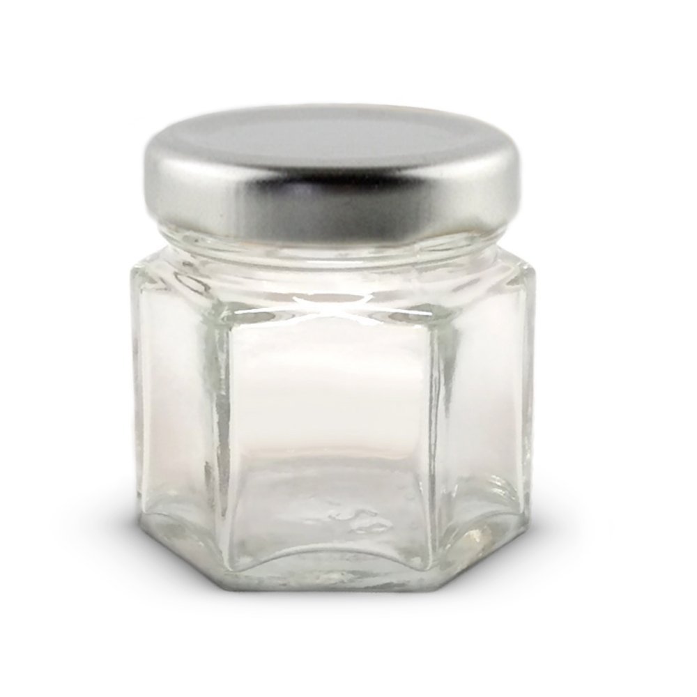 1.5 oz Hexagon Mini Glass Jars with Silver Lids and Labels (Pack of 24)