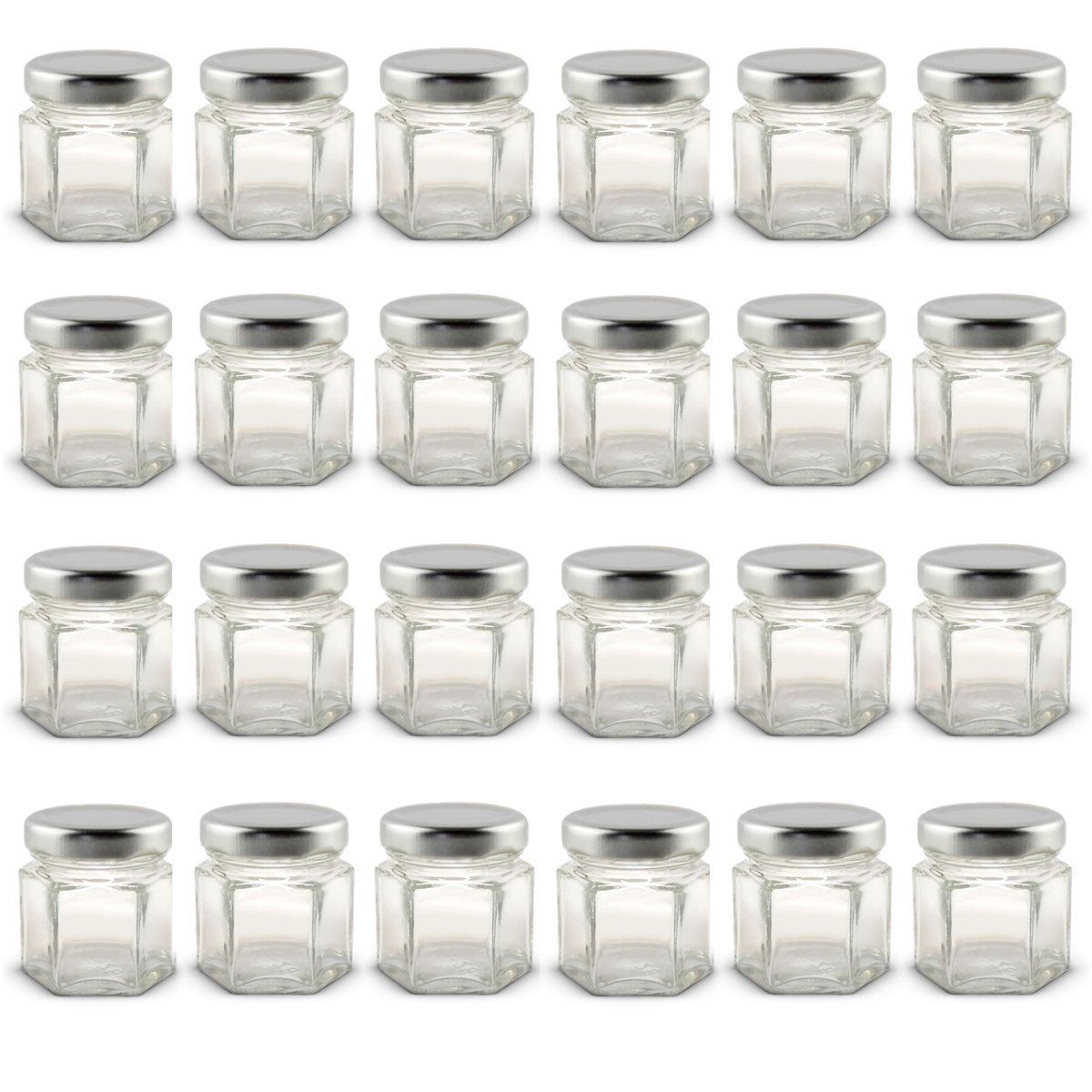 1.5 oz Hexagon Mini Glass Jars with Silver Lids and Labels (Pack of 24)