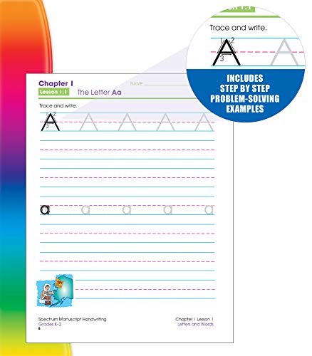 Spectrum Manuscript Handwriting Workbooks, Ages 5 to 8, Kindergarten to 2nd Grade Handwriting Practice With Lower-and Uppercase Letters, Sentence Practice, and Vocabulary - 96 Pages