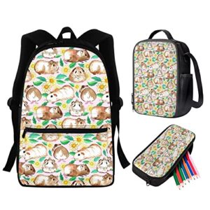 bychecar guinea pig backpack set for teen girls daisy school bags with water bottle holder elementary middle school student children 15.6 inch bookbag lunch box pencil case
