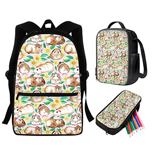 BYCHECAR Guinea Pig Backpack Set for Teen Girls Daisy School Bags with Water Bottle Holder Elementary Middle School Student Children 15.6 inch Bookbag Lunch Box Pencil Case