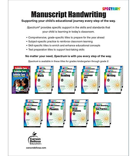 Spectrum Manuscript Handwriting Workbooks, Ages 5 to 8, Kindergarten to 2nd Grade Handwriting Practice With Lower-and Uppercase Letters, Sentence Practice, and Vocabulary - 96 Pages