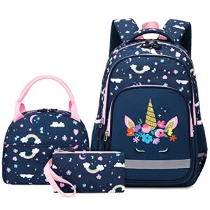 school backpacks set for girls boys teens, kids elementary middle school bag bookbag with insulated lunch bag pencil case (unicorn)
